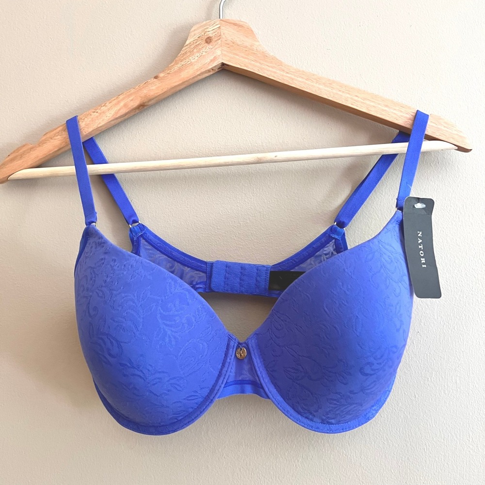 Natori Bliss Perfection Underwire Contour Bra Royal Blue Floral Lace 34D NEW